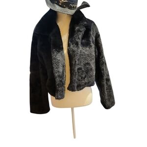 Black Faux Fur Bomber Jacket with Cropped Design